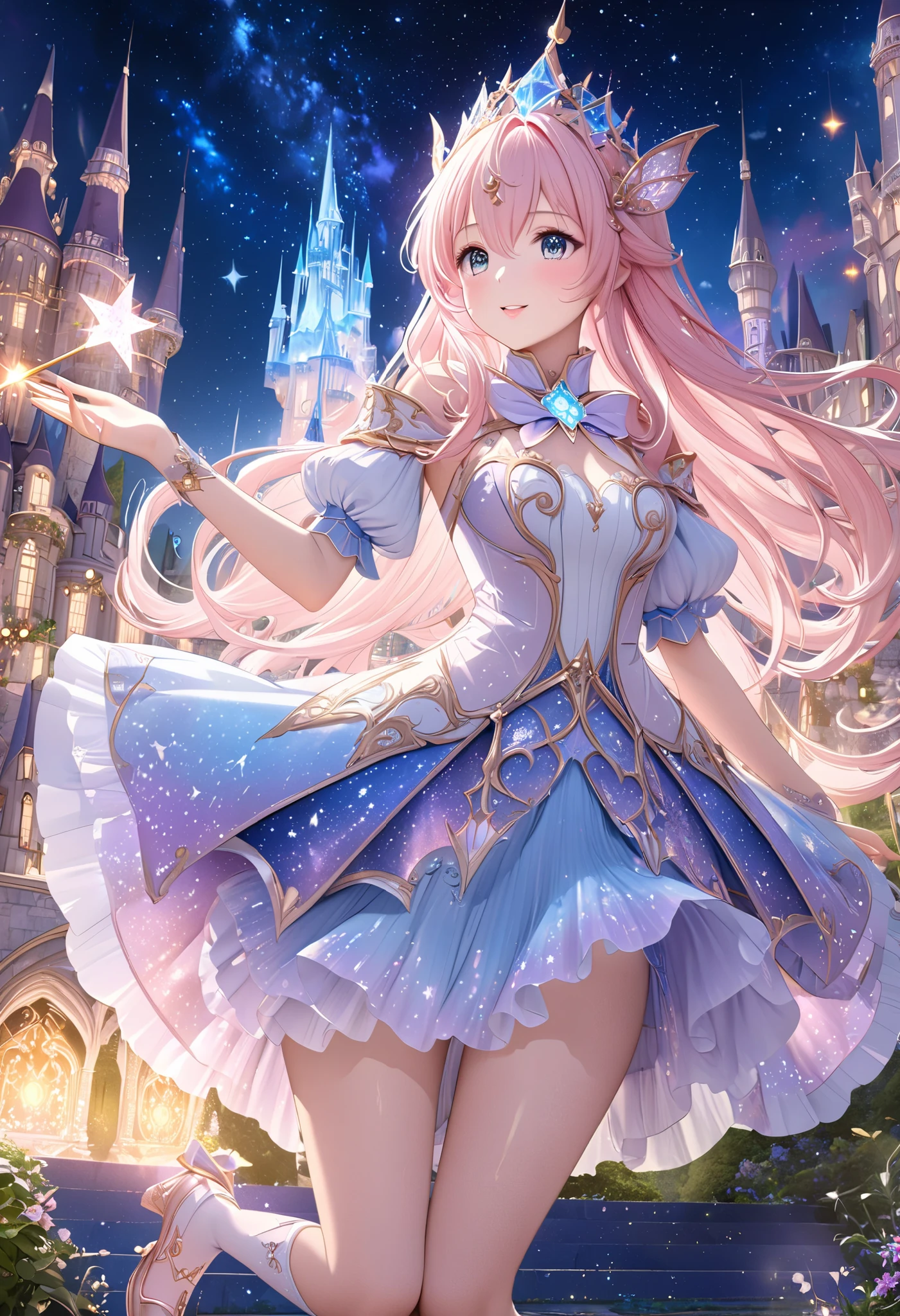  ( top quality, 8k,  high definition ,  high image quality,  Masterpiece), Fantastic starry sky,  Magical Girl waving a magic wand ,  the most beautiful anime girl, Starry Castle , Mystery,  fairy tale, Ultra Details, A magical night,  Dreamy Charm , Celestial Beauty ,  Wonder and Magic , Mysterious castle,  Fairy Tales in Reality ,  Radiant Elegance ,  Whimsical Charm ,  Magical Aura , Twinkling Stars, Guardian of the Light,  fantasy world, Night Wizard,  Fascinating Adventures ,  Legendary Tales ,  backgrounds, Detailed digital CG , 