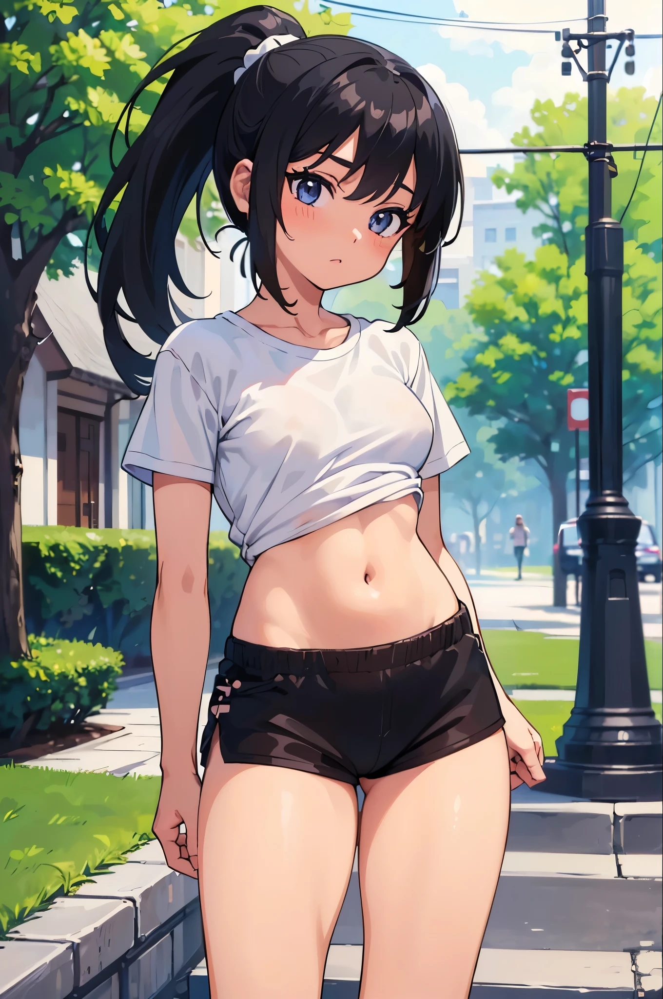 masterpiece, best quality, very detailed body, ultra detailed, very detailed face, (((anime))), ((1girl, 10yo)), (((white t-shirt))), (((black short pants))), ((black hair, ponytail)), (((navel))), (((small breasts, tiny breasts))), (((thighs))), in the plaza, outdoor