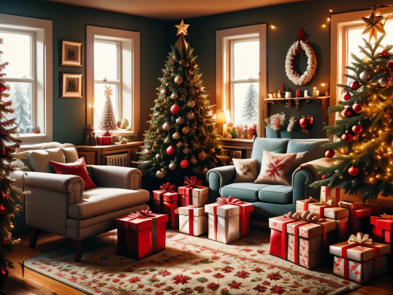 no humans, fireplace, couch, indoors, window, rug, christmas tree, candle, table, scenery, carpet, book, cup, pillow, christmas, wooden floor, christmas ornaments, plant, candlestand, snow, lamp, cushion, tree, mug, chair, vase, bookshelf, flower, book stack, potted plant, gift, teapot, box