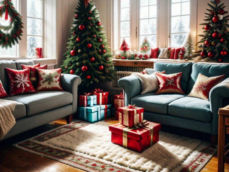 no humans, fireplace, couch, indoors, window, rug, christmas tree, candle, table, scenery, carpet, book, cup, pillow, christmas, wooden floor, christmas ornaments, plant, candlestand, snow, lamp, cushion, tree, mug, chair, vase, bookshelf, flower, book stack, potted plant, gift, teapot, box