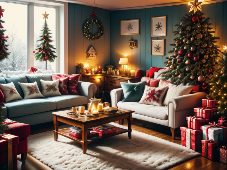 no humans, fireplace, couch, indoors, window, rug, christmas tree, candle, table, scenery, carpet, book, cup, pillow, christmas, wooden floor, christmas ornaments, plant, candlestand, snow, lamp, cushion, tree, mug, chair, vase, bookshelf, flower, book stack, potted plant, gift, teapot, box