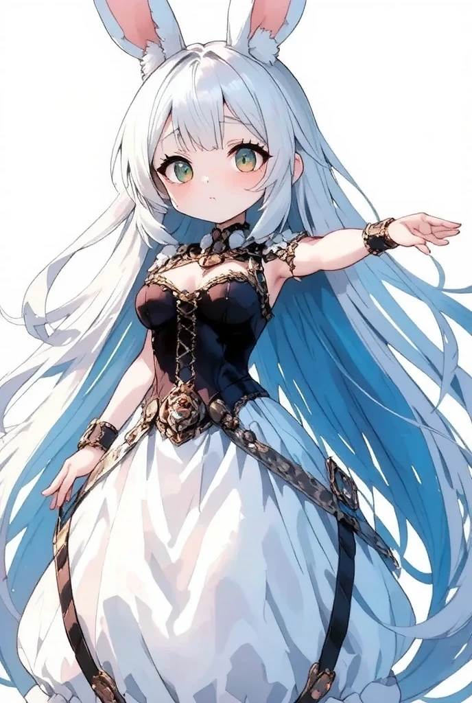 1girl, (furry, kemono:1.3), rabbit, rabbit girl, rabbit ears, long hair, blue hair, braid, floating hair, very long hair, collarbone, green eyes, yellow eyes, swept bangs, breasts, single braid, small breasts, dress, white dress, see-through, necklace, long sleeves, choker, long dress, wide sleeves, see-through sleeves, bracelet, see-through dress, plunging neckline, sleeveless, sleeveless dress, veil, standing, looking to the side, outstretched arm, solo, white background, simple background, cowboy shot, jewelry, closed mouth, smile, see-through silhouette, spaghetti strap masterpiece, best quality, amazing quality, very aesthetic, high resolution, ultra-detailed, absurdres, newest,s cenery, depth of field, volumetric lighting,