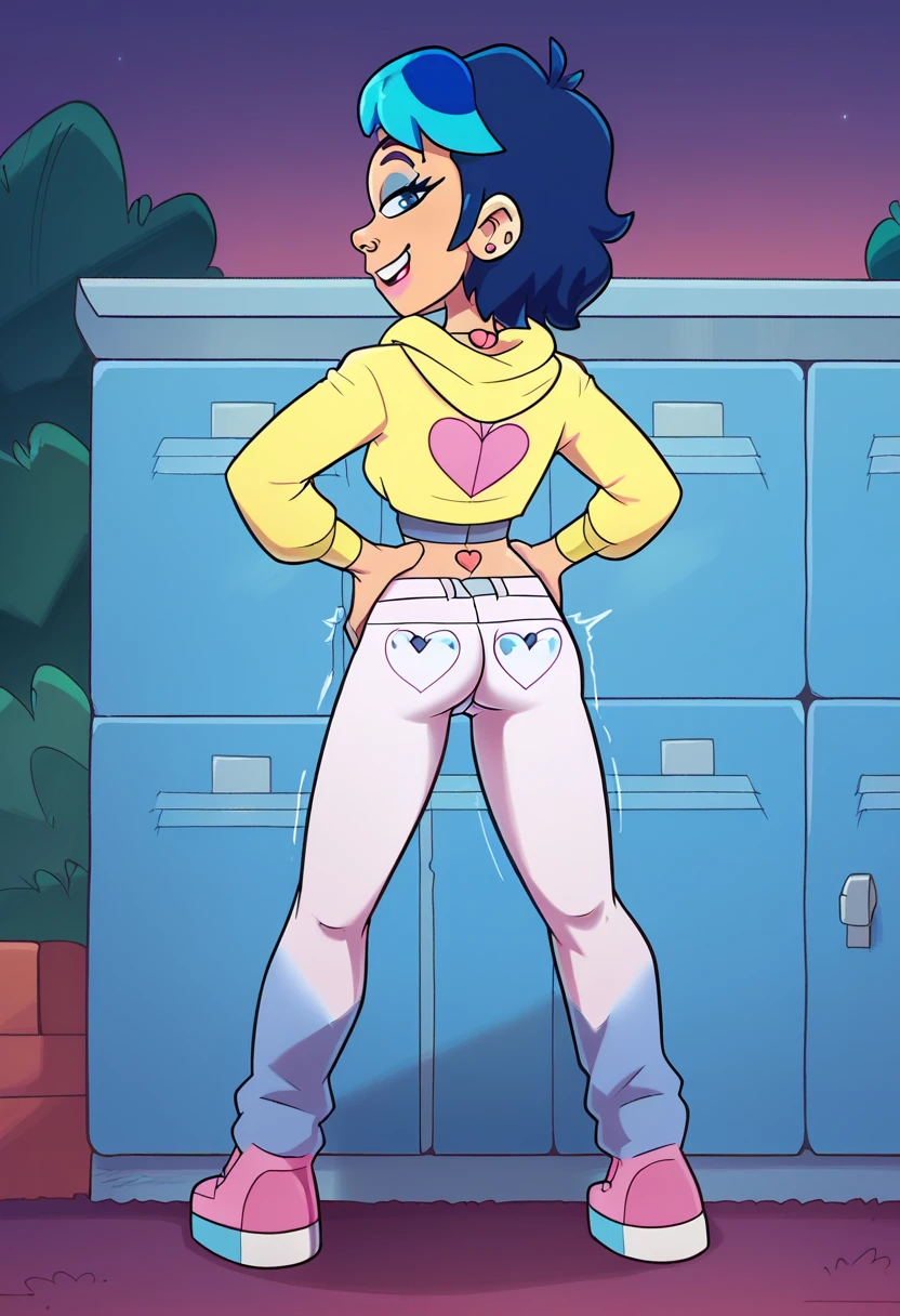 Michiru Kagemori pooping in the floor, back view, from view form bellow, view from low angle, crouched,