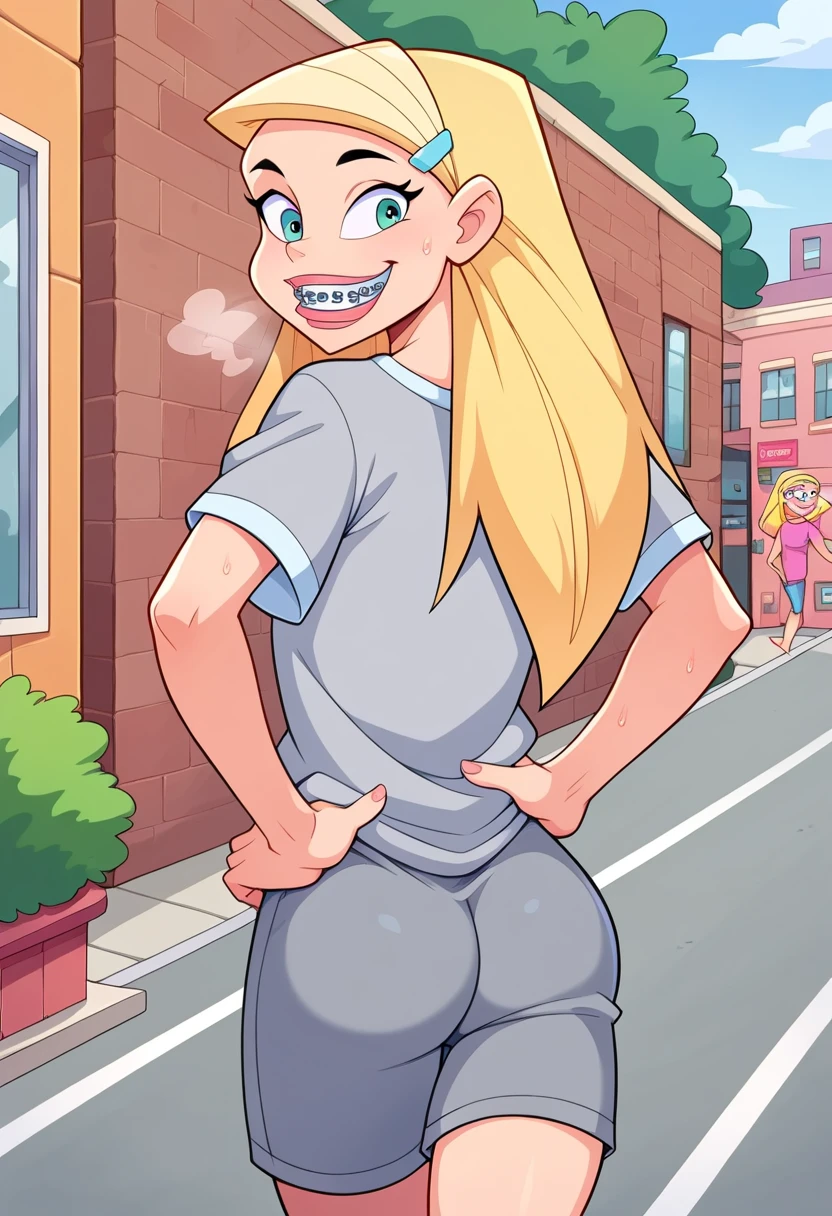 score_8, score_9, sharon, long hair, blonde hair, hairclip, smile, braces, 1 girl, solo, walking on the streets, ass, , looking on viewer, , back view, gray oversized shirt, short sleeves, out of breath, sweaty, hands on hips