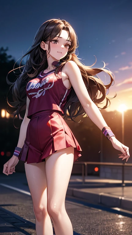(ultra detailed eyes), (ultra detailed face),high quality, best image quality, masterpiece, teenage girl, 18 years old, very cute and beautiful cheerleader girl is dancing, dynamic pose, soft wavy hair, black hair, (smile:1.2), medium breast, (red tops with logo:1.3), (miniskirt:1.3), (panties), Armpits, Navel, thighs, Bare shoulders, Bare arms, Natural lighting, Hair fluttering in the wind, Beautiful detailed sky, stadium, ((Finest quality)), ultra high resolution, ultra-detailliert, Meticulous portrayal, ((Best Anime)),