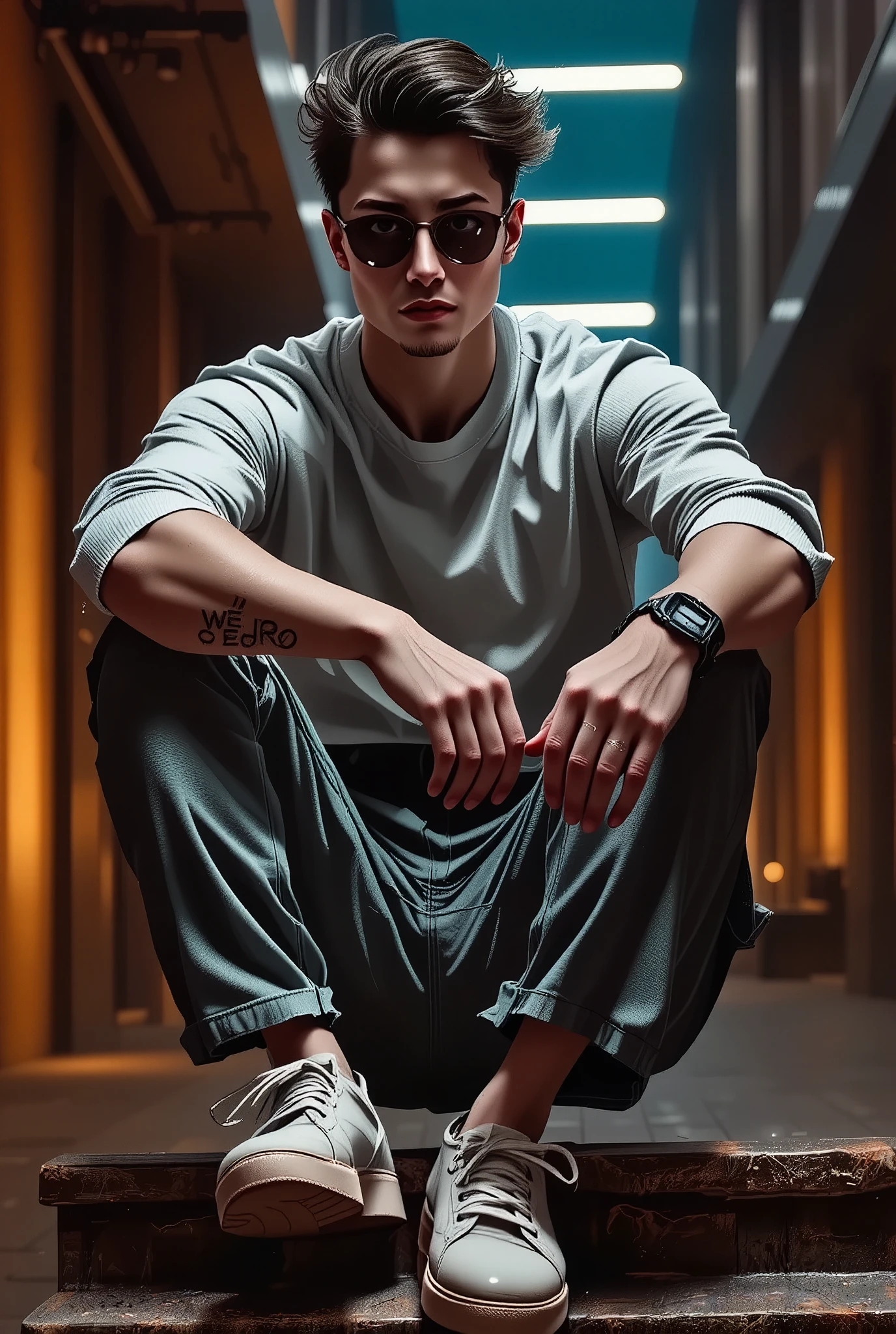  An Arafat man sitting on the stairs of a building with his legs parted,  wears jeans with his elbows resting on his legs ,  white sweatshirt ,  tattoos on the arms ,  wears sunglasses , Modern Hairstyle,  brown hair,  a black and white photo of Adam Marczyński , tumblr, renaissance,  sitting on the floor, , Very cool pose, Dramatic and serious pose , Attractive Man, Pose casual, androgynous man,  style by Jordan Grimmer ,  full body photo , renaissance, chiaroscuro, cinematic lighting, UHD, Retina,  masterpiece , Accurate, anatomically correct, textured skin, Super detail, high details, high quality,  award winning , best quality, highres, 1080P, HD, 16K