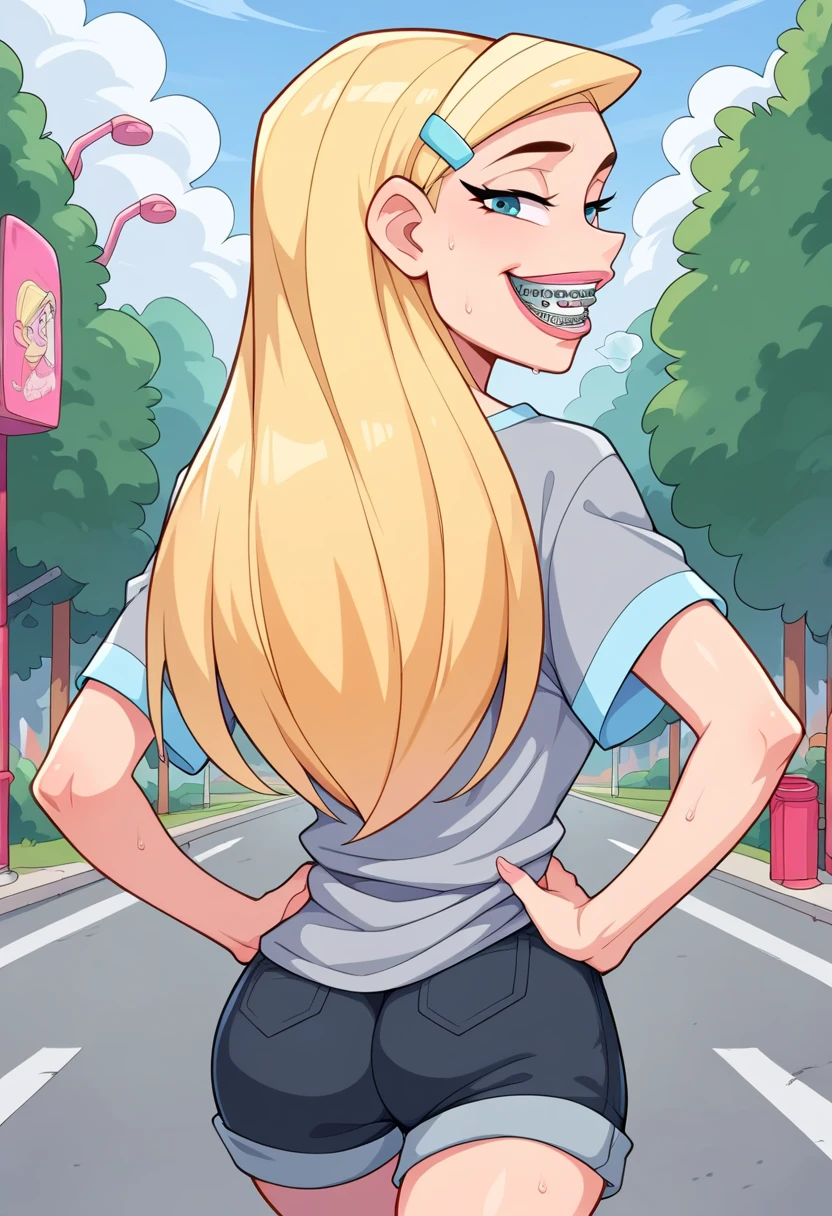 score_8, score_9, sharon, long hair, blonde hair, hairclip, smile, braces, 1 girl, solo, walking on the streets, ass, , looking on viewer, , back view, gray oversized shirt, short sleeves, out of breath, sweaty, hands on hips, black shorts, open mouth, tired expression