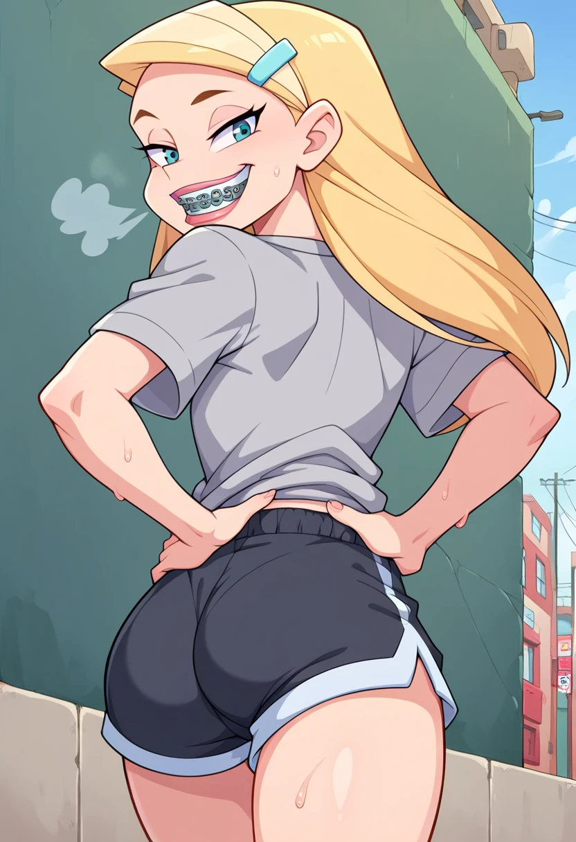 score_8, score_9, sharon, long hair, blonde hair, hairclip, smile, braces, 1 girl, solo, walking on the streets, ass, , looking on viewer, , back view, gray oversized shirt, short sleeves, out of breath, sweaty, hands on hips, black shorts, open mouth, tired expression