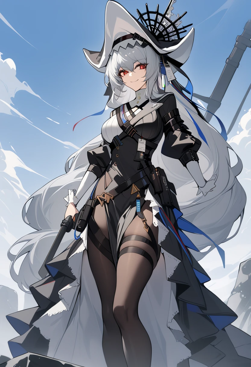 masterpiece,  top quality,  1 girl, Cowboy Shots Specter the Unchained\( Arknights),  Arknights, smile, Gray Hair, Red Eyes,  clevis on a stone,  black long skirt,  black pantyhose, ( Black Thigh-High Boots ),  absurd 