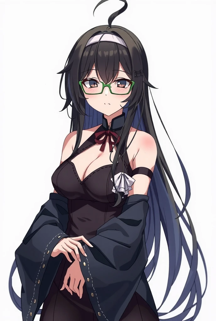 1girl, adjusting_eyewear, black_eyes, black_hair, black_skirt, cowboy_shot, detached_sleeves, emuwai, glasses, green-framed_eyewear, hairband, headgear, kantai_collection, kirishima_(kancolle), long_hair, nontraditional_miko, one-hour_drawing_challenge, ribbon-trimmed_sleeves, ribbon_trim, short_hair, simple_background, skirt, solo, white_background, masterpiece, best quality, amazing quality, very aesthetic, high resolution, ultra-detailed, absurdres, newest,s cenery, depth of field, volumetric lighting,