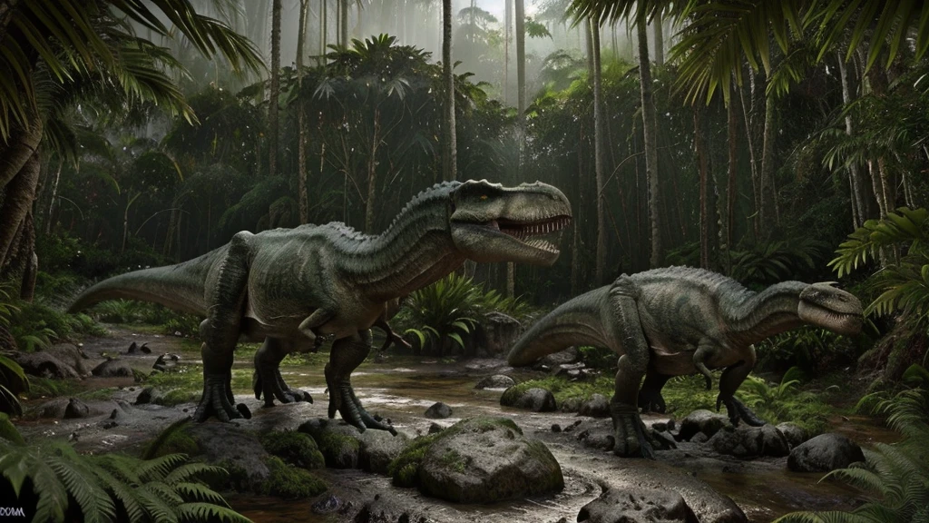 masterpiece, best quality, 8k, hyper detailed, hyperrealistic, photorealistic, 1 trex dinosaur, trex dinosaur, therapod, Jurassic jungle, ancient forest, prehistoric landscape, lush greenery, tropical foliage, mossy rocks, flowing river, dramatic lighting, volumetric lighting, cinematic composition, epic scale