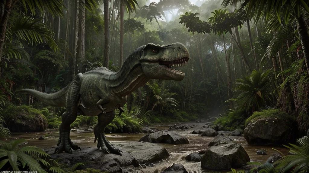 masterpiece, best quality, 8k, hyper detailed, hyperrealistic, photorealistic, 1 trex dinosaur, trex dinosaur, therapod, Jurassic jungle, ancient forest, prehistoric landscape, lush greenery, tropical foliage, mossy rocks, flowing river, dramatic lighting, volumetric lighting, cinematic composition, epic scale