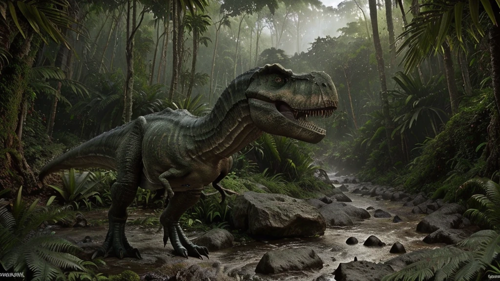 masterpiece, best quality, 8k, hyper detailed, hyperrealistic, photorealistic, 1 trex dinosaur, trex dinosaur, therapod, Jurassic jungle, ancient forest, prehistoric landscape, lush greenery, tropical foliage, mossy rocks, flowing river, dramatic lighting, volumetric lighting, cinematic composition, epic scale