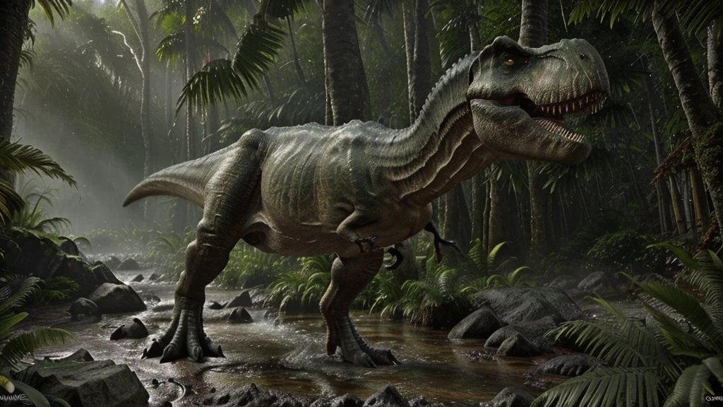 masterpiece, best quality, 8k, hyper detailed, hyperrealistic, photorealistic, 1 trex dinosaur, trex dinosaur, therapod, Jurassic jungle, ancient forest, prehistoric landscape, lush greenery, tropical foliage, mossy rocks, flowing river, dramatic lighting, volumetric lighting, cinematic composition, epic scale