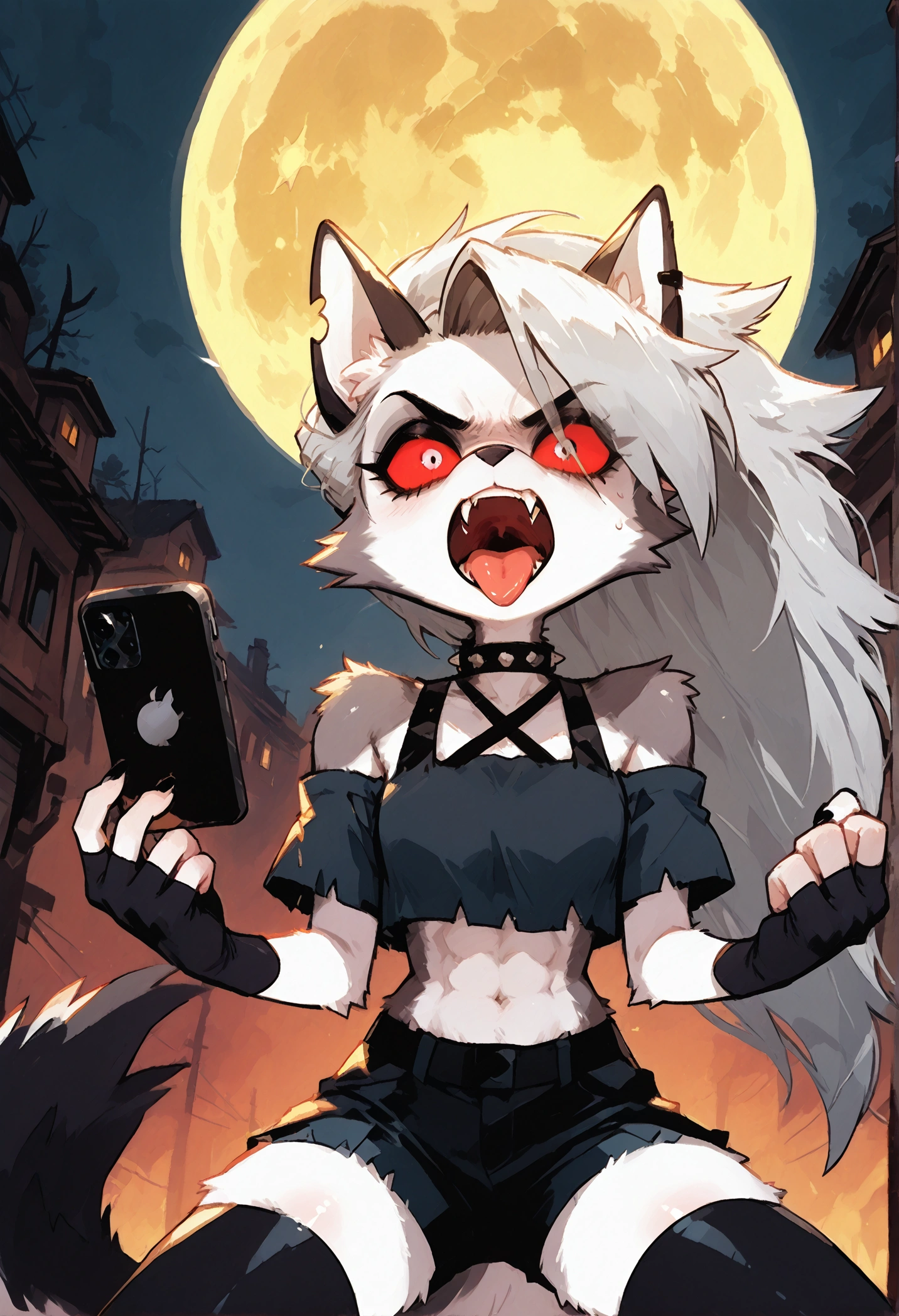 solo,1girl\(red eyes, Loona, Loona\(Helluva Boss\),hellhound, Anthro, furry, thigh highs, fingerless gloves,Shorts, Crop top,evil face,mad,angry,(fang:1.2),sharp teeth, (open mouth:1.3),(tongue:1.3),(close-up of face:1.3),(abs:0.8),detailed face,detailed fur,shiny fur,shiny skin.hold iphone.dynamic pose,\).dynamic angle. score_9, score_8_up, score_7_up, score_6_up, score_5_up, score_4_up, source_anime,source_furry,rating_safe,rating_questionable,masterpiece, best quality, perfect anatomy , very aesthetic , absurdres .limited palette.red filter.gothic horror mood.full moon.(dynamic angle:1.3).fisheye lens.