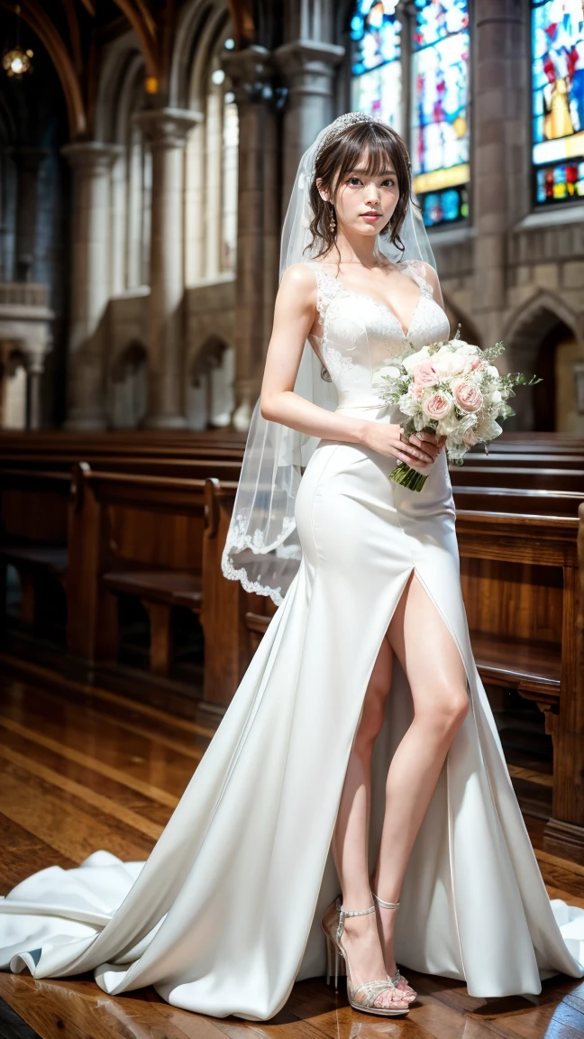 A beautiful young Japanese woman, 26 years old, with healthy thighs, beautiful legs, flawless skin, random hair color and style, large breasts, wearing a (wedding dress:1.3), (she is standing:1.2), full body shot, high heels, holding a bouquet in her hands, in a church setting, (best quality,8k, masterpiece:1.3), (extremely detailed:1.2), perfect anatomy, Sayaka Yamamoto