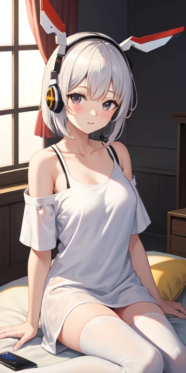 photore,best qualtiy,tmasterpiece,Kizi,White hair,short detailed hair,cat ear,tilts your head,is shy,adolable,Loose clothes,Manteau blanc,Natural stay,Lori huge breasts cleavage,astonishment,exquisite face,having fun,Cat tail,Short stature,Small chest,His face was flushed,short skirt,Two seduced me,on top of the bed