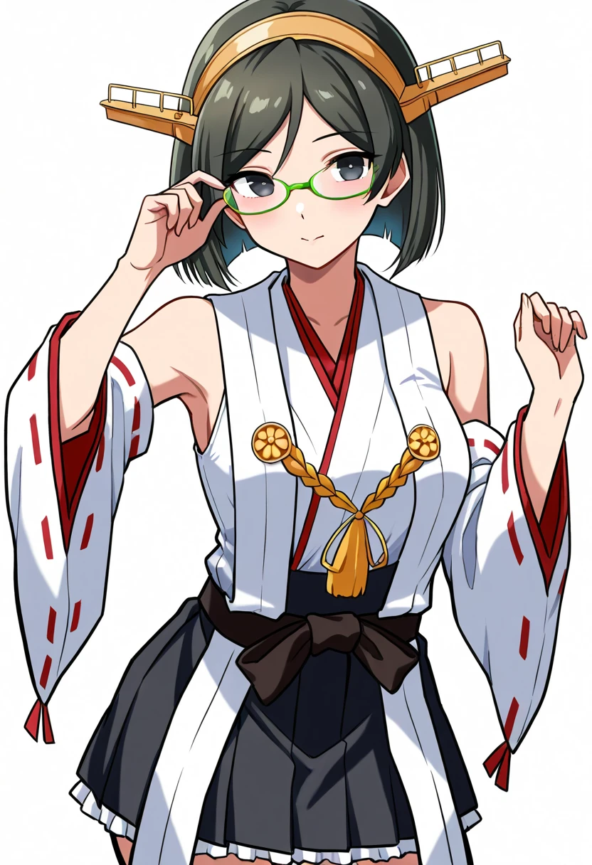 1girl, adjusting_eyewear, black_eyes, black_hair, black_skirt, cowboy_shot, detached_sleeves, emuwai, glasses, green-framed_eyewear, hairband, headgear, kantai_collection, kirishima_(kancolle), long_hair, nontraditional_miko, one-hour_drawing_challenge, ribbon-trimmed_sleeves, ribbon_trim, short_hair, simple_background, skirt, solo, white_background, masterpiece, best quality, amazing quality, very aesthetic, high resolution, ultra-detailed, absurdres, newest,s cenery, depth of field, volumetric lighting,