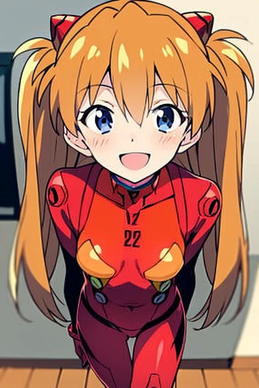 (( top quality)), ((masterpiece)), (be familiar with),  perfect face, indoor, bedroom,  laughing and smiling at the viewer ,
One woman,  Soryu Asuka Langley,
 open mouth,  with an ecstatic expression , blush, smile,
 small tits,  flat chested, Young girl, Lori,  s,  girl,
 long hair,  twin tails,
Leg spread,