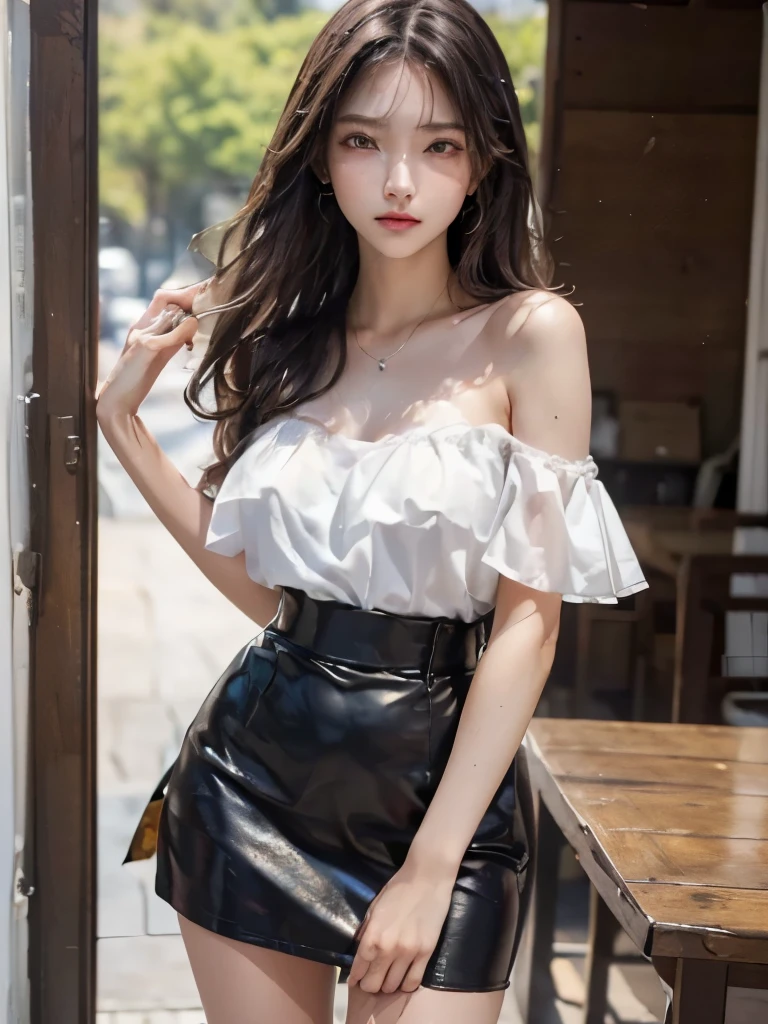 (ultra HD), (Off the shoulder, mini skirt), whole body, Big Breasts, Cleavage, slender, (Clean and shiny skin, Whitening, No makeup), (Super slender face, Super beautiful face, Delicate face), (long hair, Layered Cut, Fluffy hair,light brown), (Patchy double eyelids, Slanted Eyes), Small Nose, Thin lips, Thin legs, bustling street