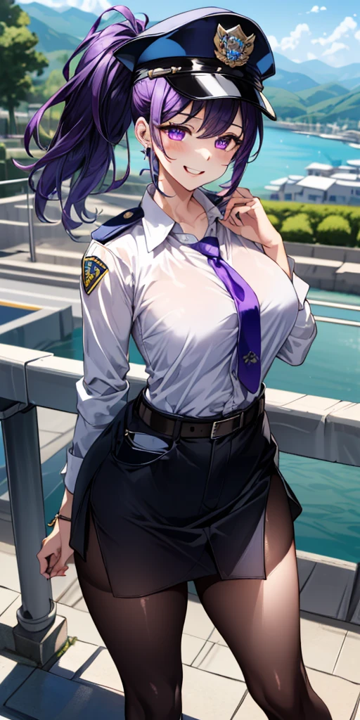 1girll,police uniforms, Purple hair, face, Half body, Body, highdetailskin, skin pore, shoreline, overcast day, Wind, Waves, 8K UHD, Digital SLR, Soft lighting, High quality, filmgrain, Fujifilm XT3,full bodyesbian,long necktie,Mafia,Preserve documents,white thong,Work badge,