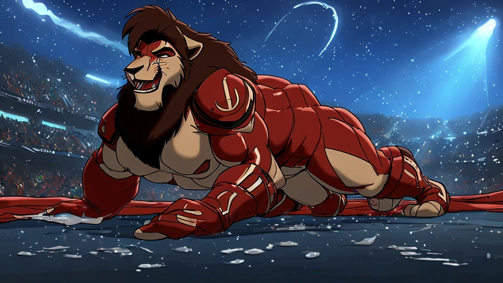 kovu,anal sex,stains,cumshot, semen, precum, cum, realcumAI, style-nebmagic, badyiffymix41,red and gold face mask,more rich mane like lions,ass up,(much pubic hair),(((long red laxex gloves with silver lines,shiny latex long red boots with silver lines))),thick calves,thick thighs,large breasts,red and silver skin-fit superhero latex costume,mouth full open,screaming,anguished expression with his eyes closed, near future helmet with shiny gemstone on between eyebrows,a large amount of diarrhea is dripping from his anal and accumulating on the ground,Chest armor with circular cutouts around the nipples,Shiny Costume,the superhero red and silver skin-tight rubber bodysuit that makes him sweating a lot,he shows off his arm muscles to the audience,The penis extends straight from the crotch to the chest,manly huge nipples,manly huge penis protruding from his hemispherically huge bulging crotch,(his penis is thick and super erected),The penis glans is swollen and large,huge testicles,A large amount of semen is vigorously coing out of the tip of the super erected penis,heavy sweaty body,the color of his suit is almost red,anger face,sexy werewolf,nipples are very large size,(nipple piercing),fat humanoid wolf,his body is stained with brown sweat,general fur style,he's a beast man with a very large and thick muzzle like a wolf,face is large like a lion,super giant bulge,lots of yellow steam rising from his armpits,Deep Eyes,thick eyebrows,green and blue sharp face lines,(((small triangular ears like a wolf))),he's a very fat beastman like a Japanese sumo wrestler,giant crotch with hemispherical bulges,has a rich and long mane like a lion,white layered hair,ponytail,Long Hair,red and gold long Cape,he's hugely obese,anthro,muscular chest,very thick white muzzle,Side view of face,he has a saggy and huge stomach and metabolism is syndromed ugry body,Long legs,has a small head,with abnormally large calves,super huge size of stomach,his armpit hair is very long,red belly armor,