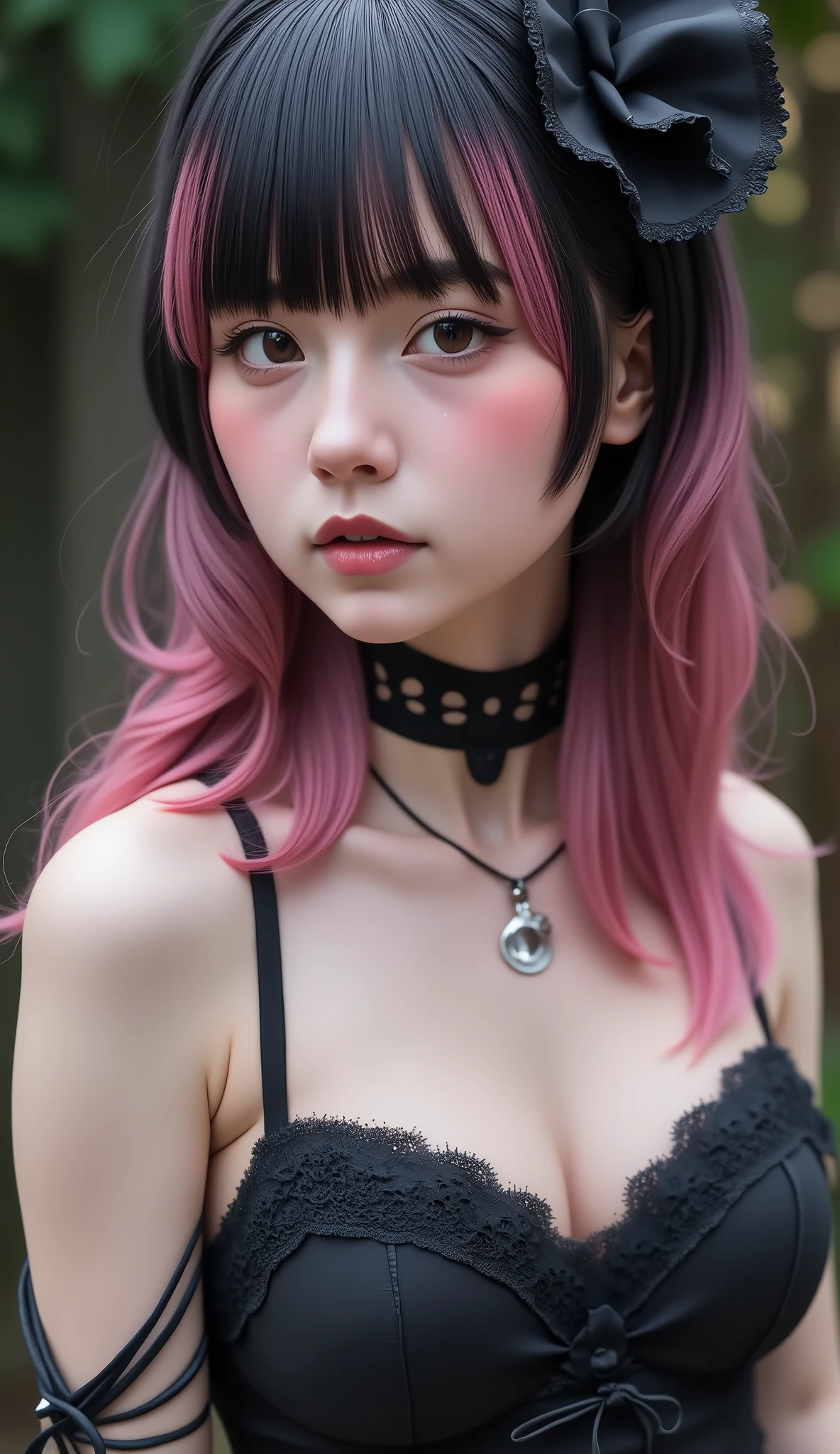  very cute girl、Super cute face、 Brown Eyes 、 Sexy Slim Gothic Girls, Square Hairstyles , Pink and black hair、medium breast、Large hair ornament、  ribbon hair ornament、small nose