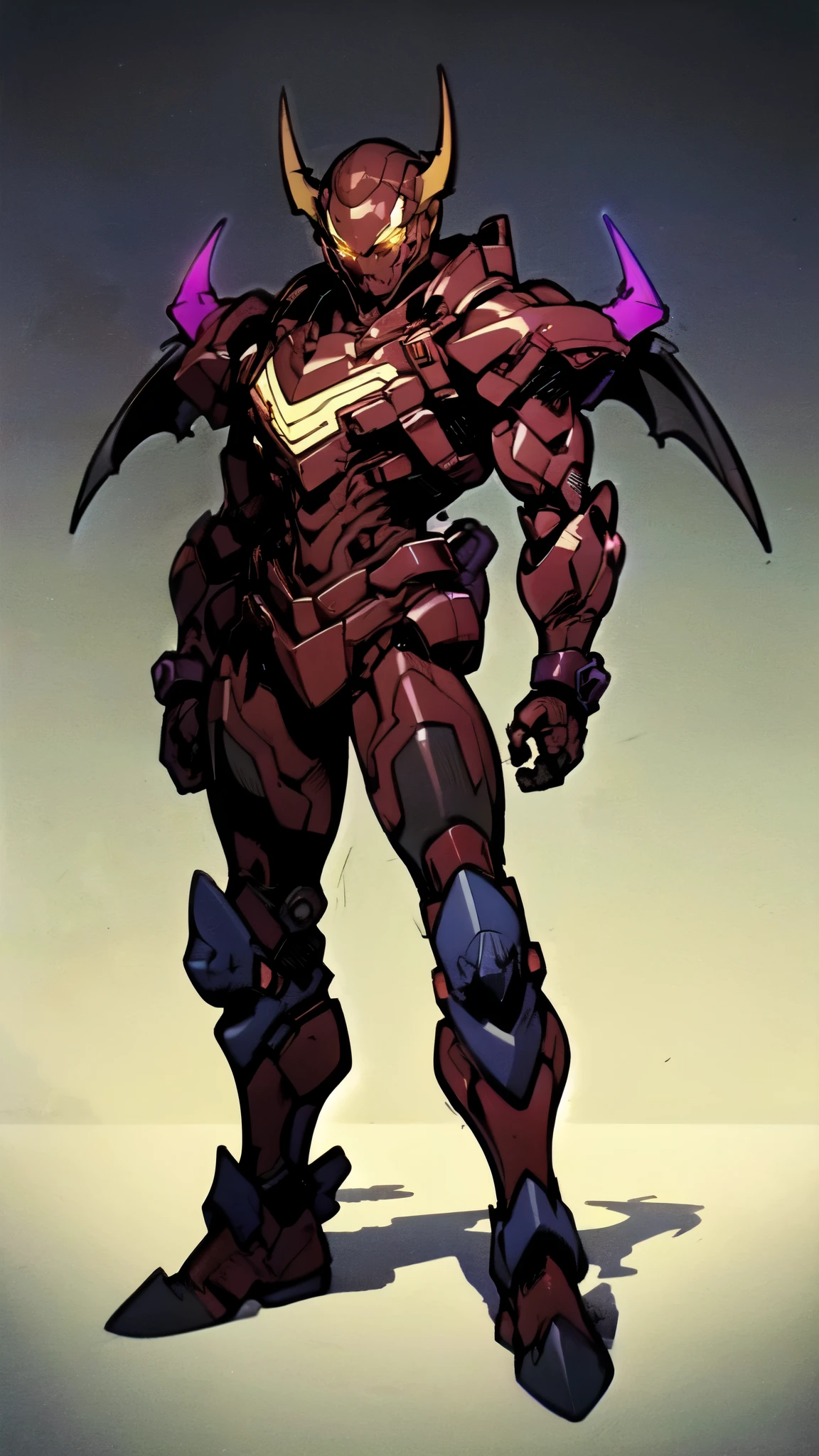 (masterpiece:1.5, best quality:1.5, extremely delicate:1.5), ((male:1.5)), a man wearing a full-face helmet, high-tech biomimetic armored combat suit, (a composite layered chest armor), the design balances heavy with agility, fully enclosed shoulder guards, matching arm and leg guards, a belt of gemstone, (the color scheme is primarily Yellow with Red and Purple accents, Organic Biotech, Concept Inspired by Vampire, glowing eyes, armor glows, huge cloak like devil wings, blood), stand of a futuristic sci-fi city, this character embodies a finely crafted fantasy-style armored hero in anime style, exquisite and mature art style, metallic, high definition, highres, ultra-detailed, ultra-fine painting, professional, perfect body proportions, golden ratio, anatomically correct, symmetrical face, extremely detailed eyes and face, high quality eyes, creativity, RAW photo, UHD, 32k, Natural light, cinematic lighting, (masterpiece-anatomy-perfect:1.2)