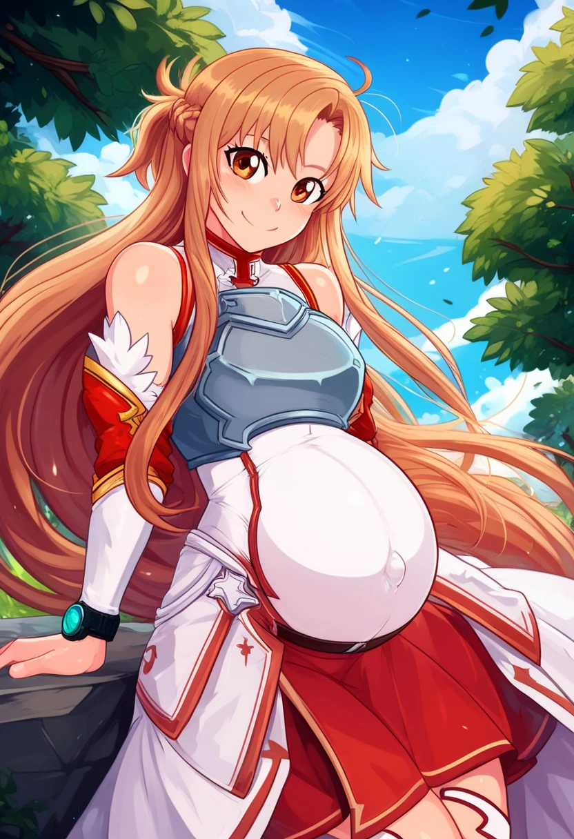  score_9,  score_8_up,  score_8,  medium chest , (Curvy), cute,  eyelash ,       
break,
,,,
zzAsuna, Asuna (Star),  long hair,  brown hair,  Brown Eyes ,  braided , very  long hair,   knee-high, Bare shoulders,  Detached Sleeves, armor, white  knee-high, breastplate,  red skirt ,
,,,
break,
smile,  Watch viewers,  Cowboy Shots,  outdoors, sunny day, null, day, cloud, tree, blue null, sunny, 
ExpressiveH,Pregnant woman