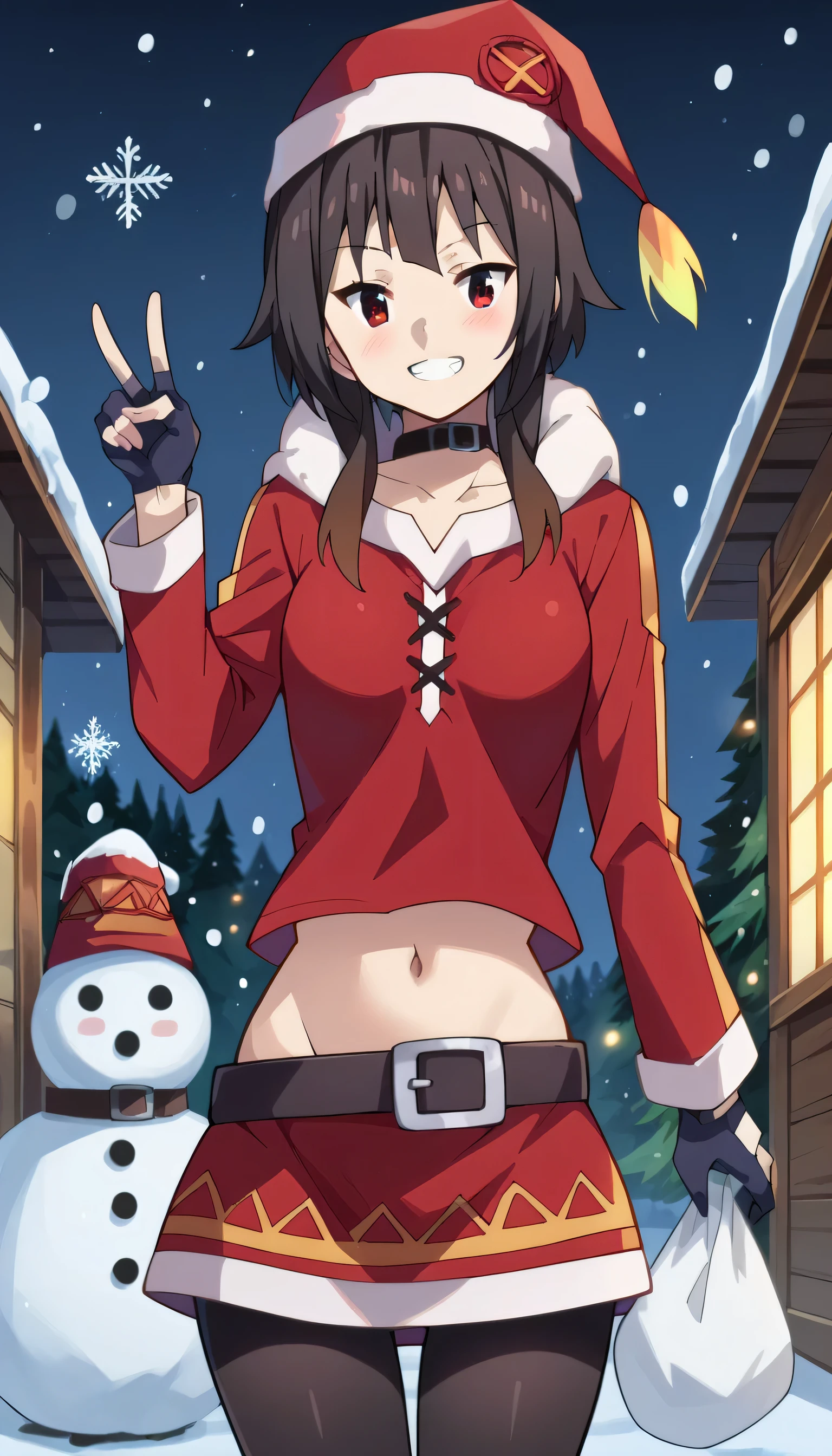 1girl, snowman, solo, pantyhose, hat, , gloves, santa_costume, santa_hat, smile, looking_at_viewer, christmas, black_gloves, navel, sack, snow, , skirt, midriff, snowflakes, fur_trim, blush, black_pantyhose, , snowing, belt, breasts, v, grin, night, bangs, collarbone, outdoors, red_skirt, medium breasts,megumin, short hair, black hair, red eyes, side locks, long locks