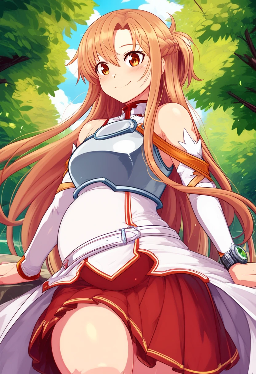  score_9,  score_8_up,  score_8,  medium chest , (Curvy), cute,  eyelash , break, ,,, zzAsuna, Asuna (Star),  long hair,  brown hair,  Brown Eyes ,  braided , 非常に long hair,  knee-high, Bare shoulders,  Detached Sleeves, armor, white  knee-high, breastplate,  red skirt , ,,, break, smile,  Watch viewers,  Cowboy Shots,  outdoors, sunny day, null, day, cloud, tree, 青null, sunny, ExpressiveH,Pregnant woman