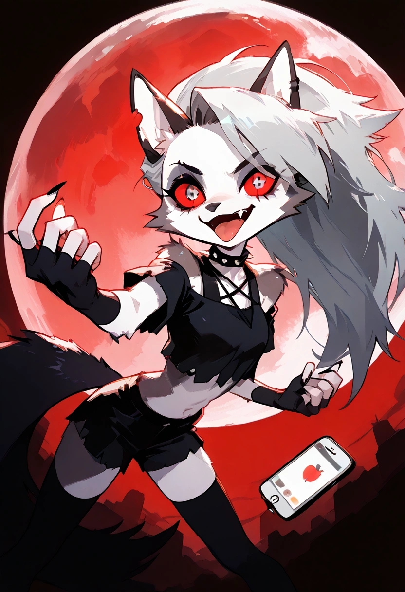 solo,1girl\(red eyes, Loona, Loona\(Helluva Boss\),hellhound, muzzle, Anthro, furry, thigh highs, fingerless gloves, Shorts, Crop top, evil smile,mad, (fang:1.4), sharp teeth, (open mouth:1.3),(tongue:1.3),(close-up of eye:1.4),(abs:0.8),long nails,detailed face,detailed fur,shiny fur,shiny skin,(hold red iPhone:1.3),dynamic pose,from side\).dynamic angle. score_9, score_8_up, score_7_up, score_6_up, score_5_up, score_4_up, source_anime,source_furry,rating_safe,rating_questionable,masterpiece, best quality, perfect anatomy , very aesthetic , absurdres .limited palette.red filter.gothic horror mood.full moon.(dynamic angle:1.3).(fisheye:1.3) lens.from above