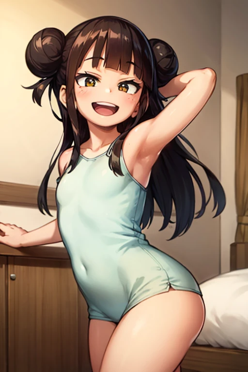 (( top quality)), ((masterpiece)), (be familiar with),  perfect face, indoor, bedroom,  laughing and smiling at the viewer ,
One woman, I was,
 open mouth,  with an ecstatic expression , blush, smile,
 small ,  flat chested, Young girl, Lori,  ,  girl,
 long hair,  twin bun hair ,
Leg spread,