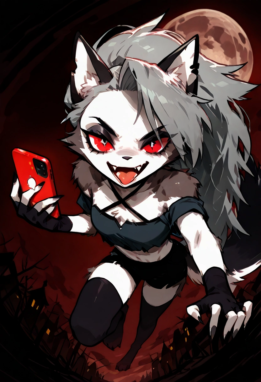 solo,1girl\(red eyes, Loona, Loona\(Helluva Boss\),hellhound, muzzle, Anthro, furry, thigh highs, fingerless gloves, Shorts, Crop top, evil smile,mad, (fang:1.4), sharp teeth, (open mouth:1.3),(tongue:1.3),(close-up of eye:1.4),(abs:0.8),long nails,detailed face,detailed fur,shiny fur,shiny skin,(hold red iPhone:1.3),dynamic pose,from side\).dynamic angle. score_9, score_8_up, score_7_up, score_6_up, score_5_up, score_4_up, source_anime,source_furry,rating_safe,rating_questionable,masterpiece, best quality, perfect anatomy , very aesthetic , absurdres .limited palette.red filter.gothic horror mood.full moon.(dynamic angle:1.3).(fisheye:1.3) lens.from above