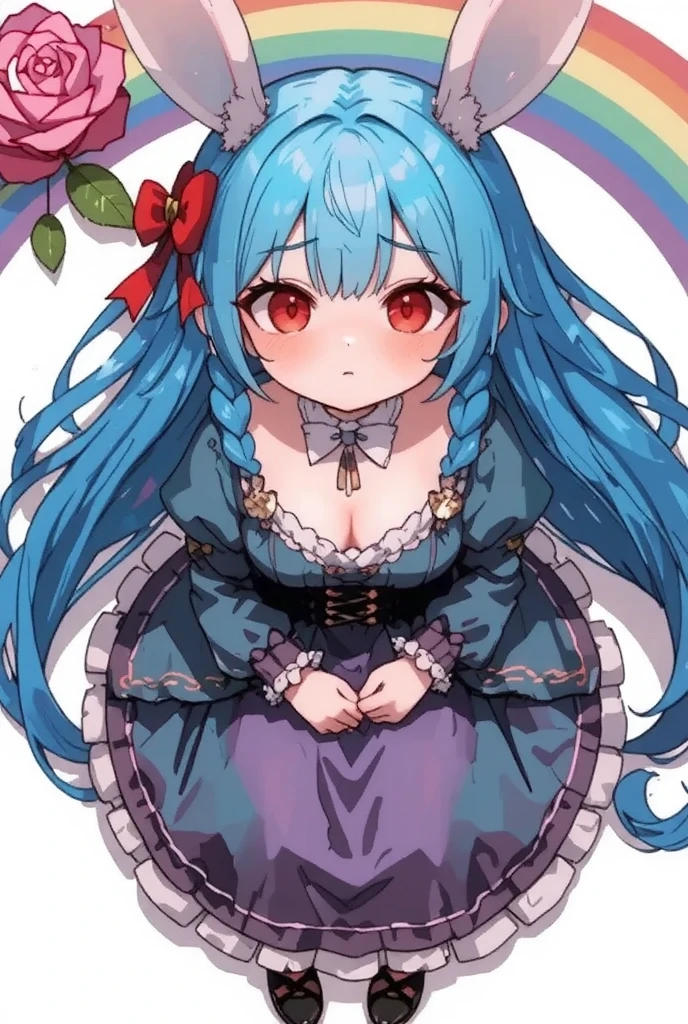 1girl, (furry, kemono:1.3), rabbit, rabbit girl, rabbit ears, hair flower, long hair, braid, yellow eyes, blush, blue hair, swept bangs, pink hair, twin braids, dress, hair ornament, long sleeves, wide sleeves, frills, green dress, frilled dress, puffy sleeves, tassel, looking at viewer, sitting, own hands together, flower, rose, pink rose, bow, solo, transparent, white background, simple background, full body, from above, smile, yellow bow, closed mouth, red flower, juliet sleeves, yellow ribbon, rainbow, side braids, masterpiece, best quality, amazing quality, very aesthetic, high resolution, ultra-detailed, absurdres, newest,s cenery, depth of field, volumetric lighting,