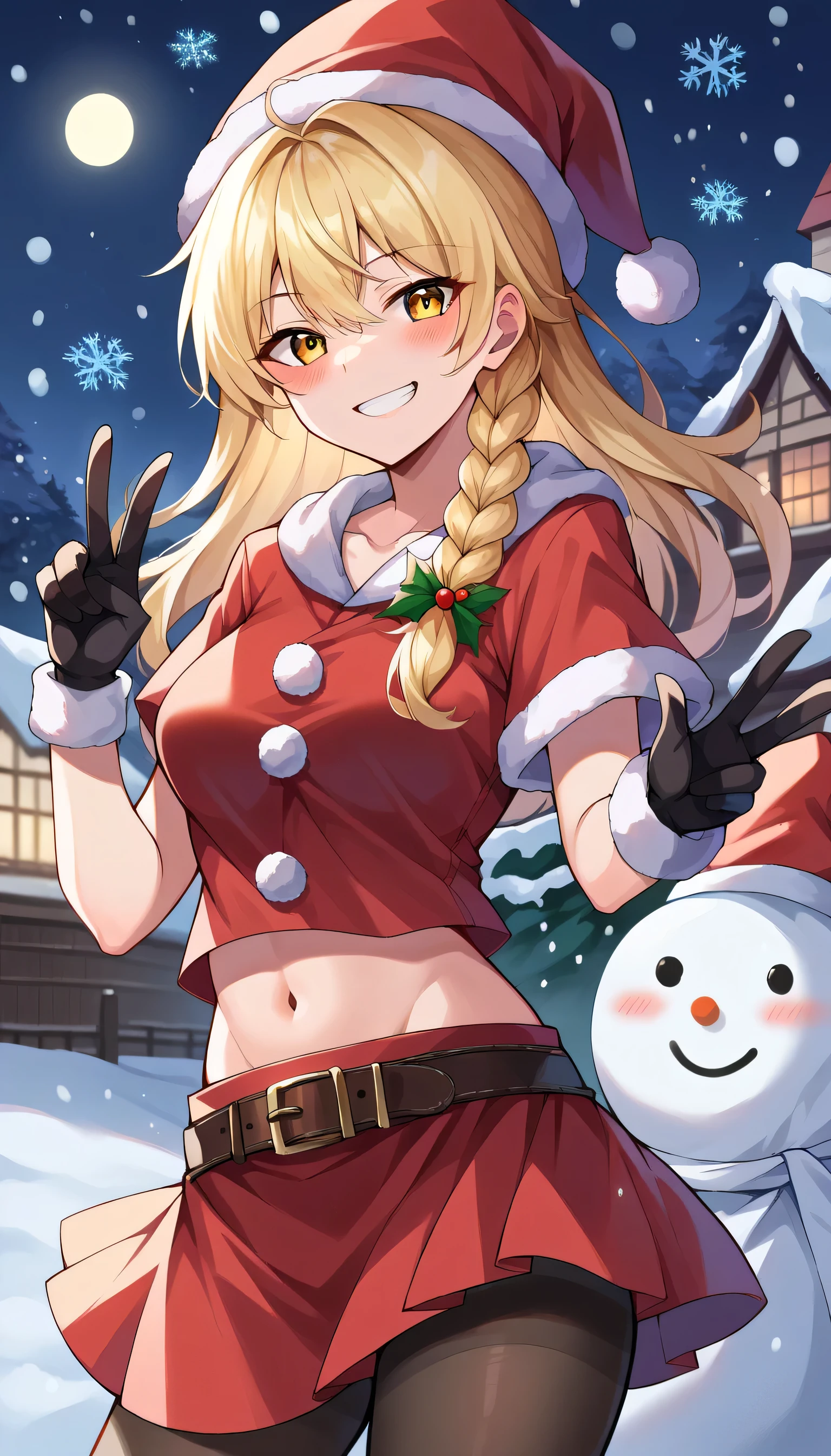 1girl, snowman, solo, pantyhose, hat, , gloves, santa_costume, santa_hat, smile, looking_at_viewer, christmas, black_gloves, navel, sack, snow, , skirt, midriff, snowflakes, fur_trim, blush, black_pantyhose, , snowing, belt, breasts, v, grin, night, bangs, collarbone, outdoors, red_skirt, medium breasts,KIRISAME MARISA BLONDE HAIR, YELLOW EYES, SINGLE BRAID