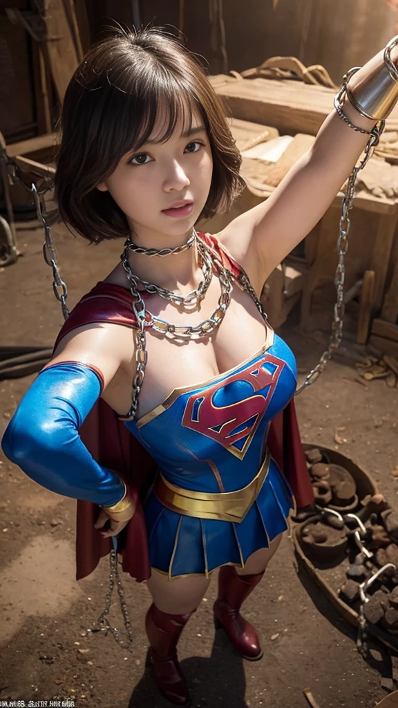 masterpiece、Short-haired Supergirl in chains、big and full breasts、look at the camera、shiny costume、tattered clothes、injury、dungeon、choker