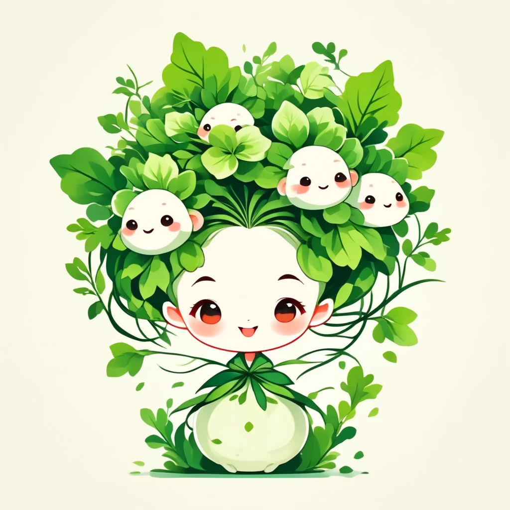 (masterpiece, best quality:1.2), Chibi cute, Logo art including a daikon lady's face, pointy ears, smile, a daikon green leaves wreath, colorful, simplified, minimalism