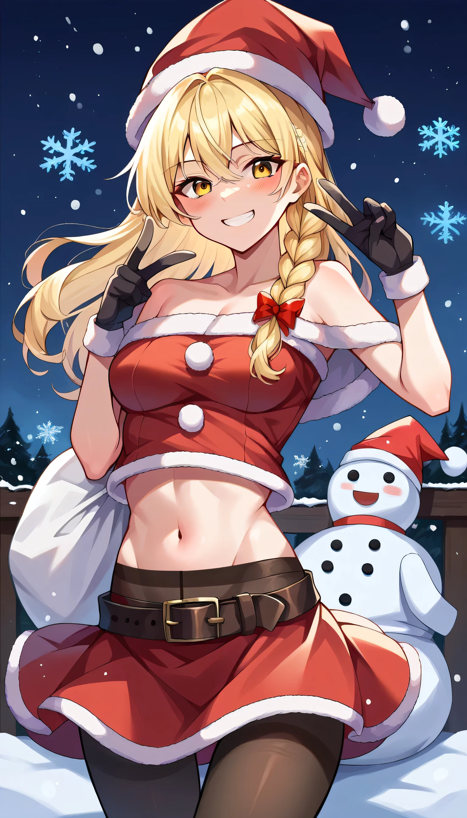 1girl, snowman, solo, pantyhose, hat, , gloves, santa_costume, santa_hat, smile, looking_at_viewer, christmas, black_gloves, navel, sack, snow, , skirt, midriff, snowflakes, fur_trim, blush, black_pantyhose, , snowing, belt, breasts, v, grin, night, bangs, collarbone, outdoors, red_skirt, medium breasts,KIRISAME MARISA BLONDE HAIR, YELLOW EYES, SINGLE BRAID