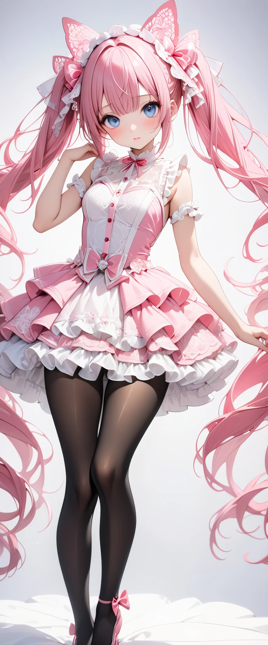 Bright pink  hair, pink eyes, woman, teal blue gold clothes, hair bows, happy face, sexy, cat ears, hearts, floating hearts, thigh up, thigh high tights,  long hair