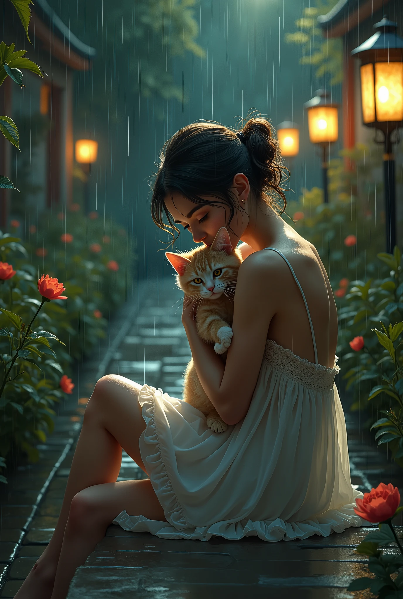 HDR，UHD，8K，最佳质量，Professional painting at the level of a masterpiece，professionallighting，phisically-based render，extreme hight detail，brightcolors，bokeh，EOS R8 (50 millimeters,F1.2,8K, RAW pictures:1.2)High-resolution scanning，A stunning girl(Wear a bikini，Holding a cute cat，Leg perspective)，Stunning swimming pool，Rose flower，A sea of flowers in the warm summer sun，Psychedelic concept visual diagram (1.3)。