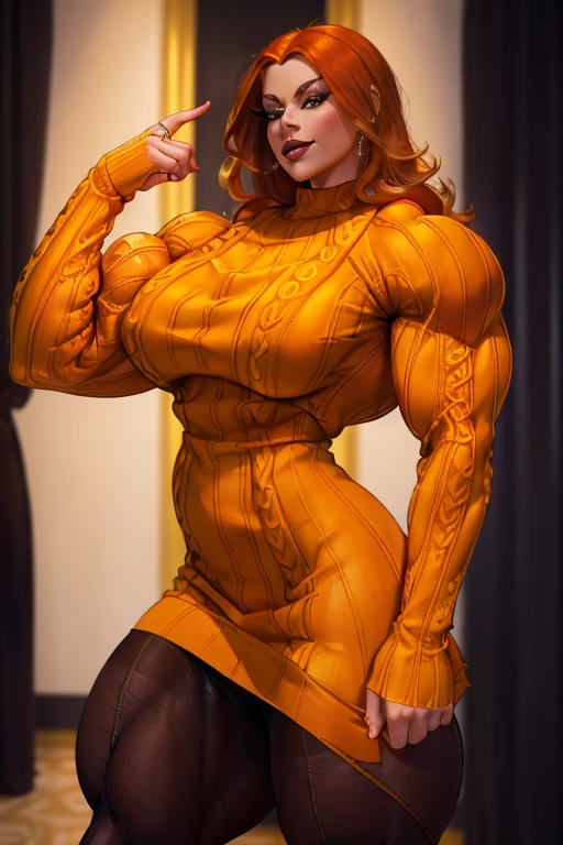 (Close-up), tall, (orange hair), beautiful muscular woman, long shaggy hair, pale white skinned, closed smile, (black lipstick), ((massive muscles)), (hyper muscle), ((ginormous bulky muscles)), green eyes, (((beautiful orange long sleeve turtleneck sweater dress))), ((pantyhose)), brown boots, choker, snow field 
