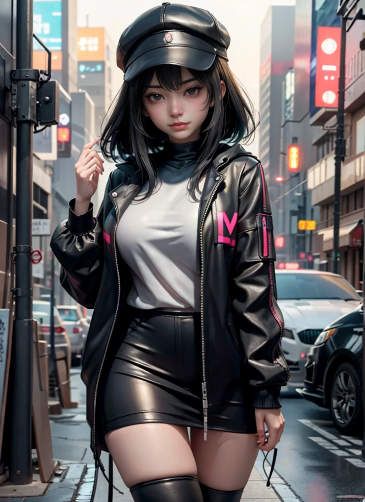 Beautiful woman crossing medium length hair , wears a cap,  in cyberpunk style with short clothes