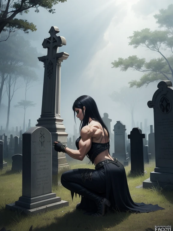 woman, goth, ethereal mist, Royo, backlit, graveyard in background, fantasy concept art , ((hyper muscular:0.7)) , ((big breasts:0.4)), strong , (muscular) , kneeling on one knee in front of grave, side view