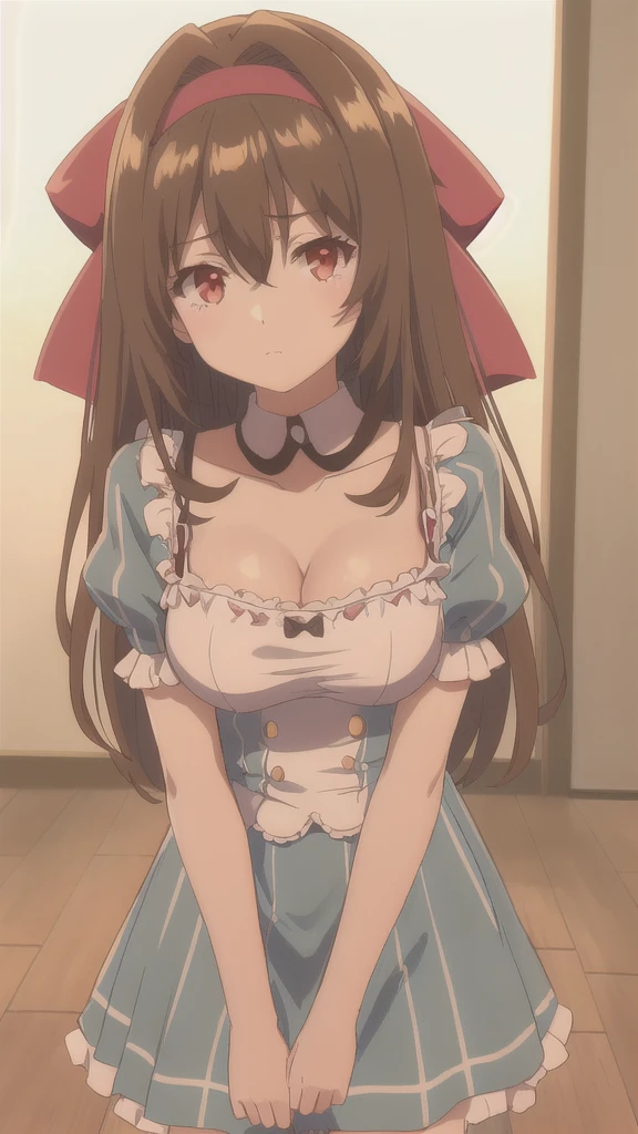 (masterpiece, best quality, high quality, highres, ultra-detailed), 
keyaru-mtf, 1girl, solo, brown hair, long hair, red eyes, bangs, hair between eyes, (hair intakes:1.3), looking at viewer, straight-on, 
hair bow, hairband, frills, puffy sleeves, red bow, puffy short sleeves, short sleeves, bow, dress, cleavage, medium breasts, 
indoors, wooden floor,