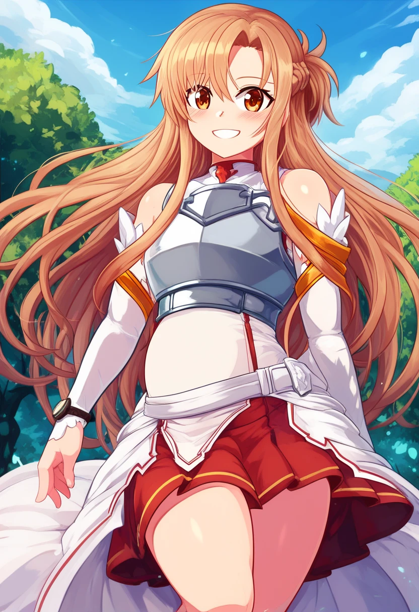  score_9,  score_8_up,  score_8,  medium chest , (Curvy), cute,  eyelash , break, ,,, zzAsuna, Asuna (Star),  long hair,  brown hair,  Brown Eyes ,  braided , 非常に long hair,  knee-high, Bare shoulders,  Detached Sleeves, armor, white  knee-high, breastplate,  red skirt , ,,, break, smile,  Watch viewers,  Cowboy Shots,  outdoors, sunny day, null, day, cloud, tree, 青null, sunny, ExpressiveH,Pregnant woman