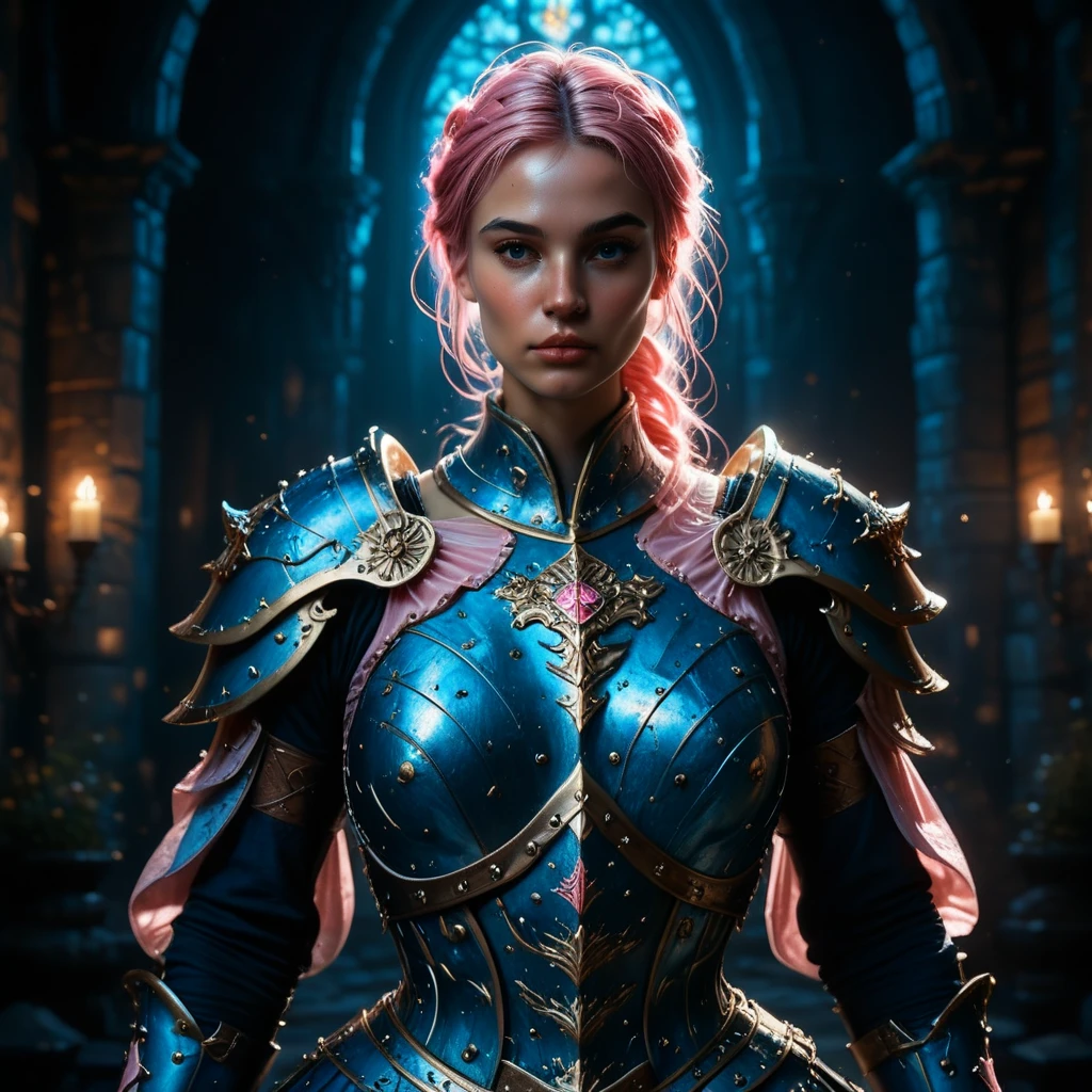 A beautiful muscular warrior woman in a medieval fantasy world, wearing sexy stunning pink and blue armor, detailed face and body, intricate armor, dynamic pose, dramatic lighting, cinematic compositing, hyper-realistic, 8k, Unreal Engine, award-winning digital art