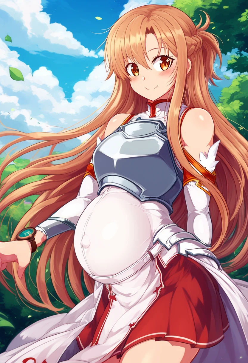  score_9,  score_8_up,  score_8,  medium chest , (Curvy), cute,  eyelash , break, ,,, zzAsuna, Asuna (Star),  long hair,  brown hair,  Brown Eyes ,  braided , 非常に long hair,  knee-high, Bare shoulders,  Detached Sleeves, armor, white  knee-high, breastplate,  red skirt , ,,, break, smile,  Watch viewers,  Cowboy Shots,  outdoors, sunny day, null, day, cloud, tree, 青null, sunny, ExpressiveH,Pregnant woman