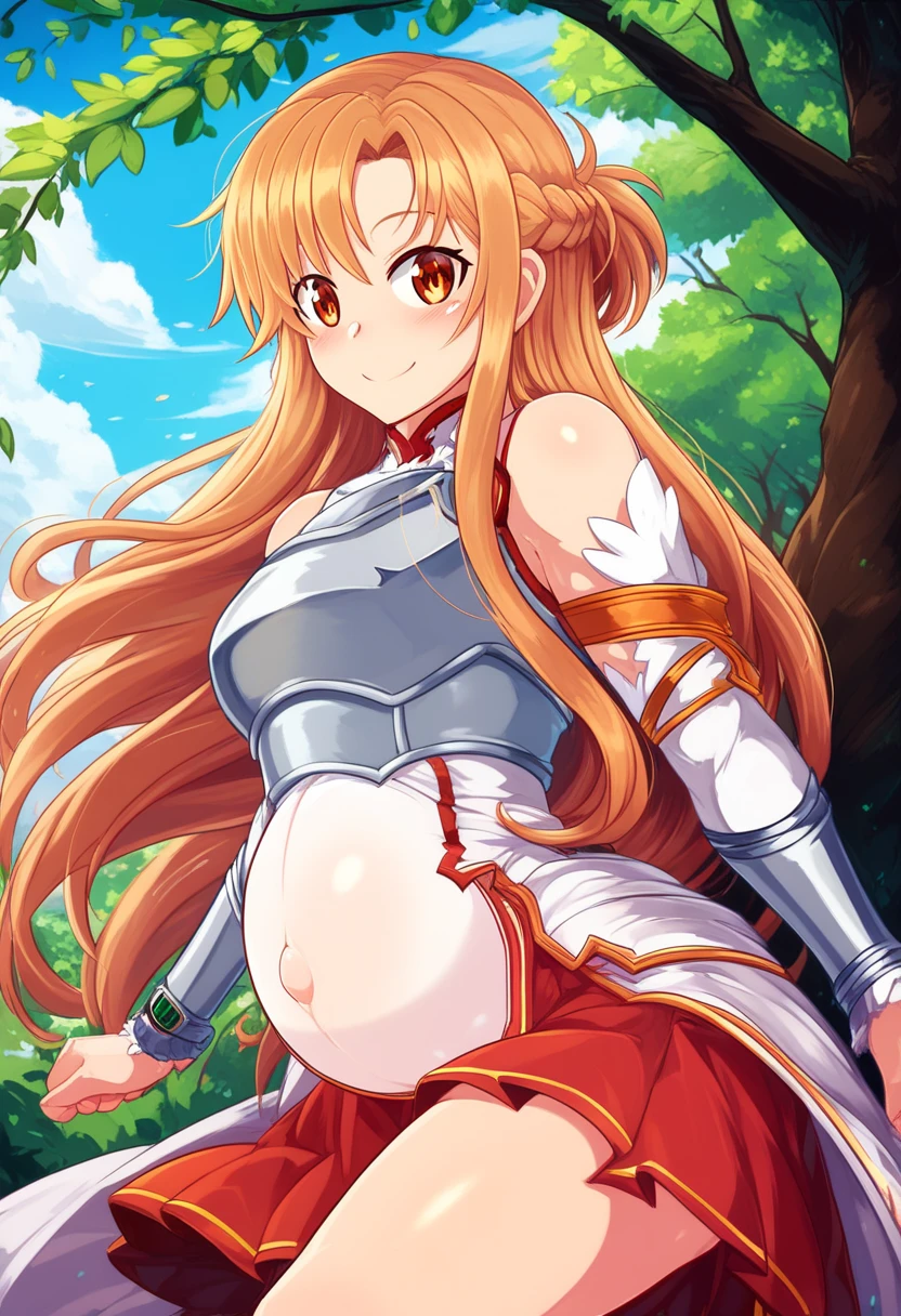  score_9,  score_8_up,  score_8,  medium chest , (Curvy), cute,  eyelash , break, ,,, zzAsuna, Asuna (Star),  long hair,  brown hair,  Brown Eyes ,  braided , 非常に long hair,  knee-high, Bare shoulders,  Detached Sleeves, armor, white  knee-high, breastplate,  red skirt , ,,, break, smile,  Watch viewers,  Cowboy Shots,  outdoors, sunny day, null, day, cloud, tree, 青null, sunny, ExpressiveH,Pregnant woman