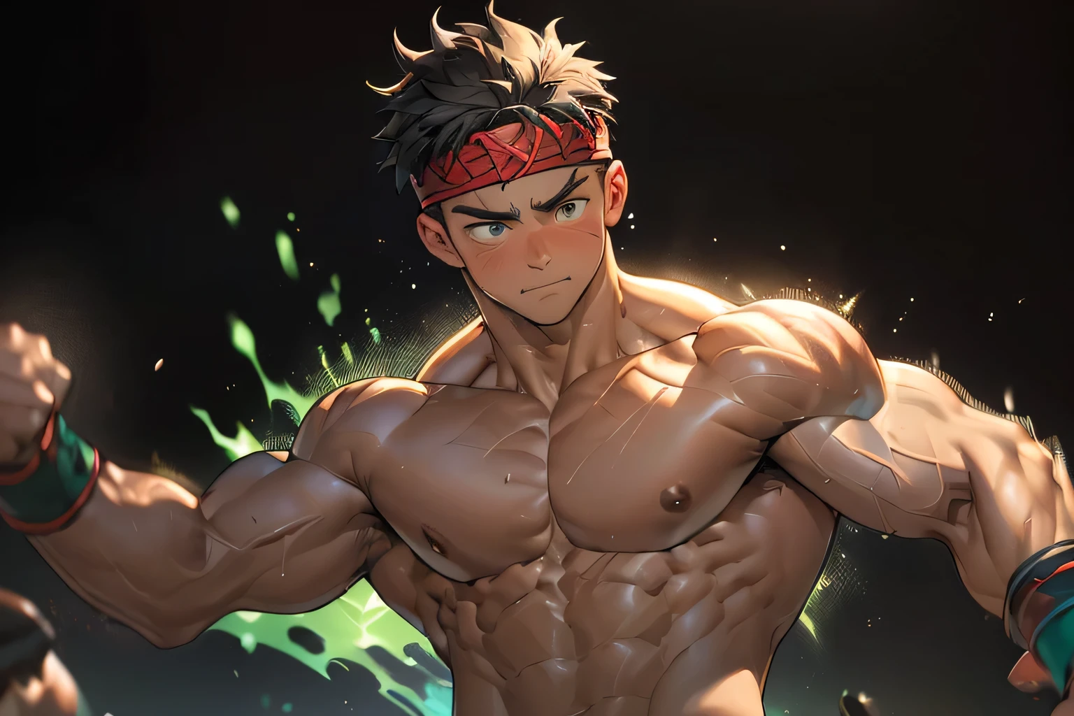 ((masterpiece, best quality, stalwart, (Depth of field:1.2))), (((((black background, deep night, upper body))))), (worm green eyes, Young boy, muscler, Shirtless), ((((1boy, solo, flesh, tough, reliable, developed body)))), (Dark Short straight hair, green eyes, ((almost completely shaved hair)), under cut), (((red headband))), Vivid colors, ((big breast, big abs, big shoulder, muscular body, sturdy body, defined round and fleshy pecs, defined round and fleshy ABS, defined round and fleshy armsmuscular, well-defined muscles, toned body, shouldermuscler)), muscler!, muscler body, detailed face, detailed muscle, (((rippling muscles, Flowing energy, wearing the power of his aura. Highlight his aura, wearing energy stream, charge aura energy his arm, Imposing, random fighting stance, ((rushpunch:1.2, motion blur)))))